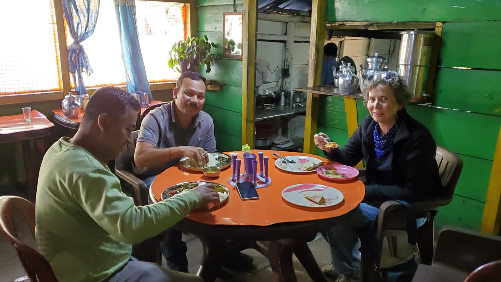 Roadside tea house meal with guide and driver in the Arunachal hills